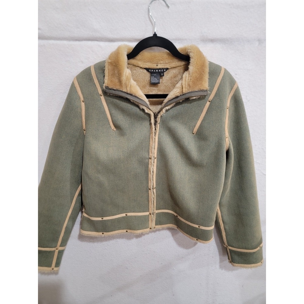 Spanner Women's Small Sage Green Faux Shearling Lined Jacket Studded Aviator S